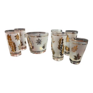 Vintage Libbey Glasses Frosted Foliage Gold Leaf 6 Glasses and Ice Bucket For Sale