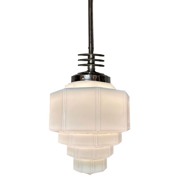 Art Deco 1930s Art Deco Chrome Streamline Pendant Light W/ Stepped Milk Glass Shade For Sale - Image 3 of 5