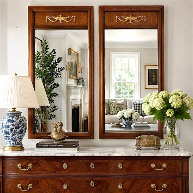 Elegant pair of Federal-style trumeau mirrors featuring rich wood-grain frames and classic Neoclassical urn-and-swag...