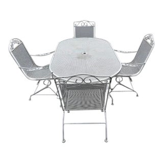 1970s Beautiful Wrought Iron Woodard Patio Set Table & 4 Chairs, Attributed For Sale