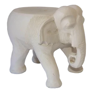 Large Vintage White Hand-Carved Wood Elephant Stand Side Table