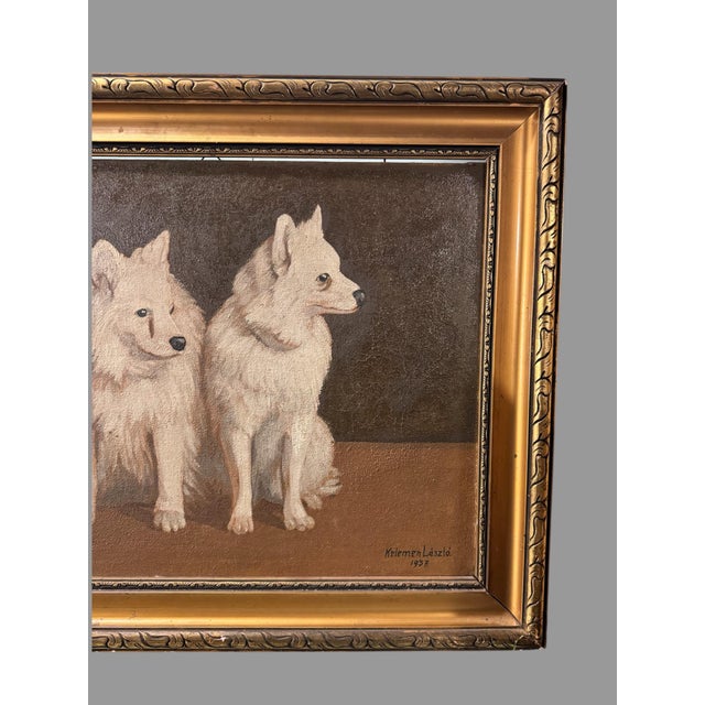 Portraiture Antique Gold Framed Still Life Portrait of 2 Dogs Signed Oil Painting on Canvas For Sale - Image 3 of 6