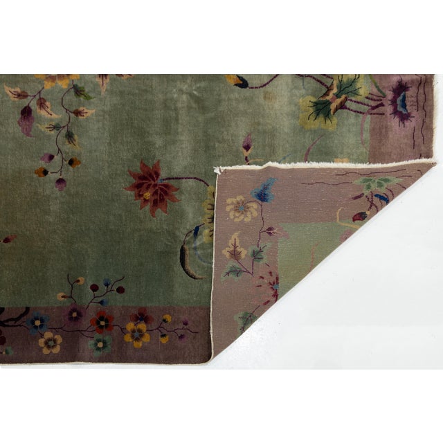 Art Deco Antique 1920s Art Deco Chinese Nichols Rug in Sage Green & Plum Floral Design For Sale - Image 3 of 12