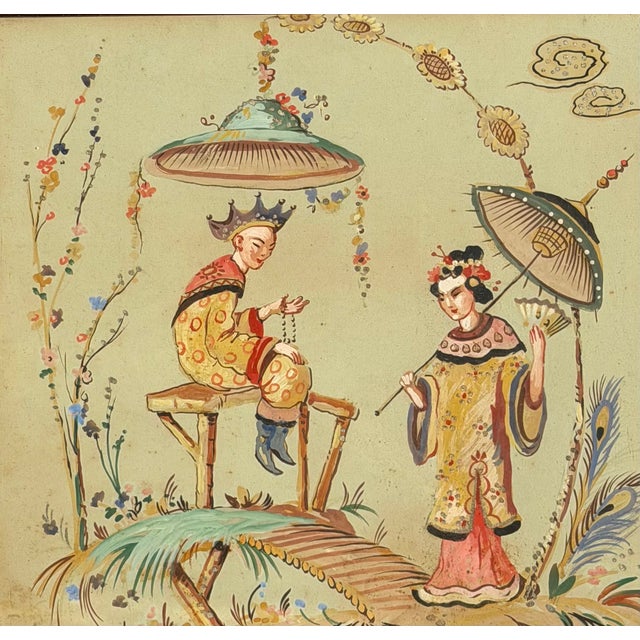 Art Deco Antique Chinoiserie Gouache Painting of Chinese Couple in Art Deco Frame For Sale - Image 3 of 3