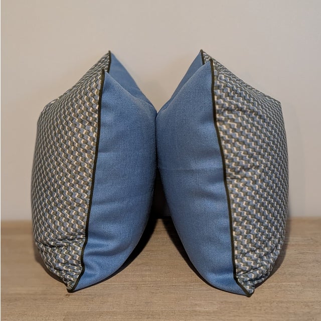 Traditional Pair of Fermoie 22" Ruffle Pillows in Blue With Olive Cord For Sale - Image 3 of 8