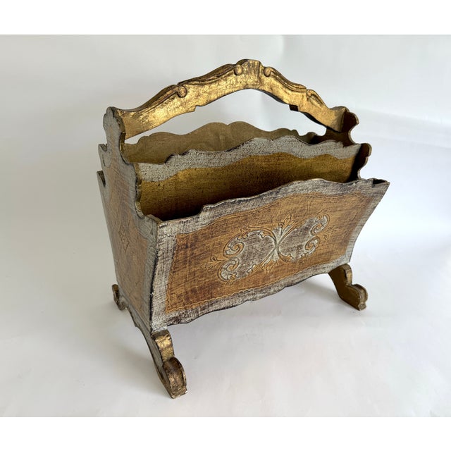Hollywood Regency 1960s Italian Florentine Giltwood Magazine Rack For Sale - Image 3 of 10
