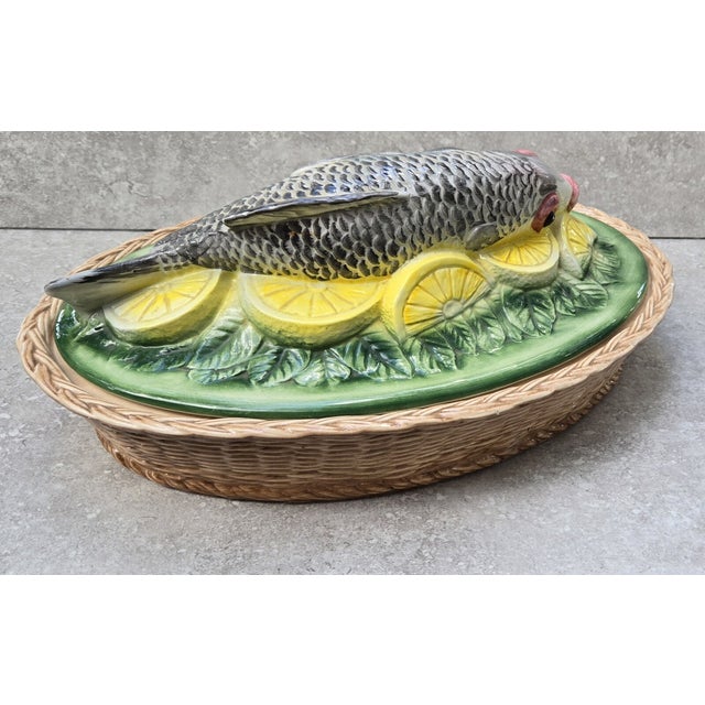 Mid-Century Modern Vintage Italian Majolica Porcelain Fish Tureen Serving Dish & LId For Sale - Image 3 of 5