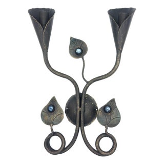 Hand-Forged Wrought Iron Double Wall Sconce (Sapphire Blue Jeweled Botanical Motif) Artistic Fixture For Sale