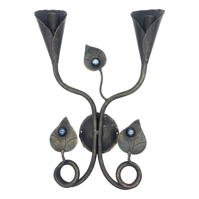 Hand-Forged Wrought Iron Double Wall Sconce (Sapphire Blue Jeweled Botanical Motif) Artistic Fixture For Sale