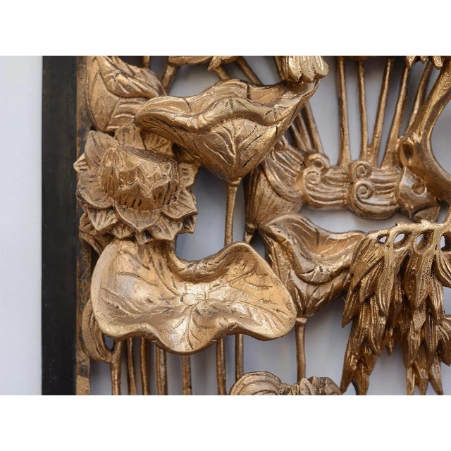Vintage Chinese Gilded Hand-Carved Wood Relief Panel of Birds and Flowers For Sale In San Francisco - Image 6 of 12