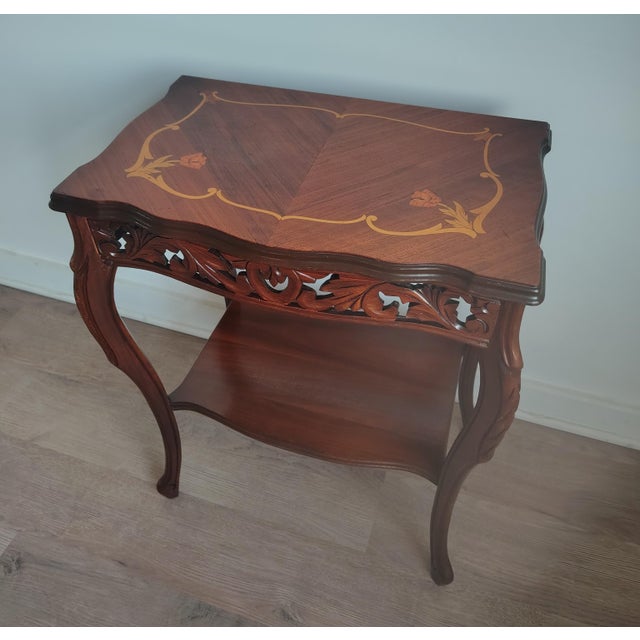 Wood Antique French Louis XV Style Inlaid Marquetry and Carved Walnut Accent Table For Sale - Image 7 of 11
