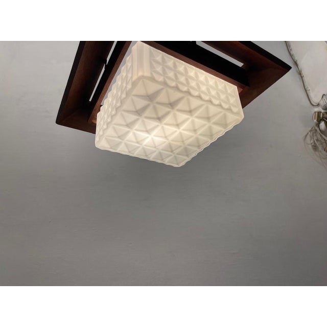 Metal Mid-Century Modern Wood, Bronze and Opaline Glass Pendant Light, 1950s For Sale - Image 7 of 9