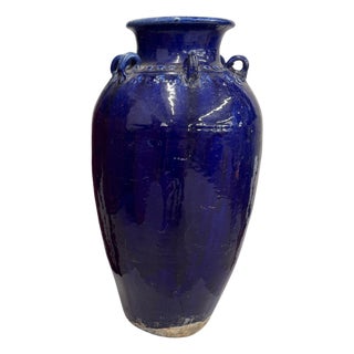 Deep Blue Glazed Ceramic Storage Jar with Small Loop Handles For Sale