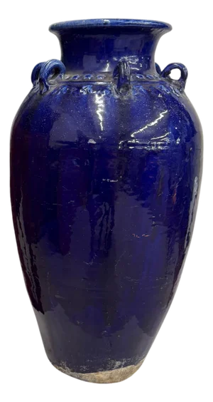 Deep Blue Glazed Ceramic Storage Jar with Small Loop Handles