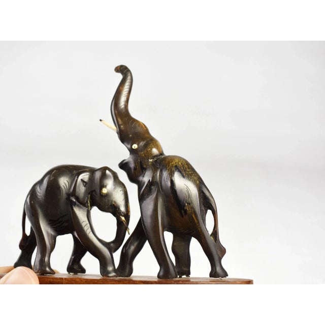 Wood Vintage Hand Carved Buffalo Horn Elephant Figurine on Wooden Base For Sale - Image 7 of 8