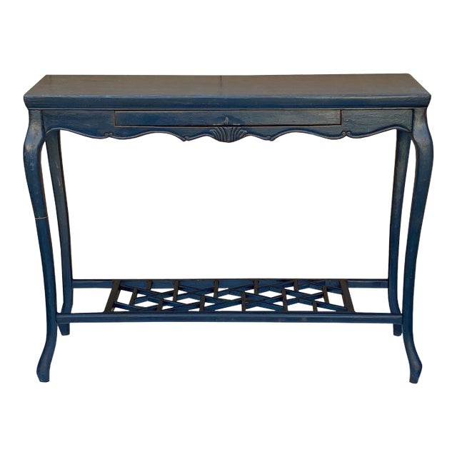 Chinese Distressed Blue Lacquer Apron Curve Legs Console Side Altar Table For Sale