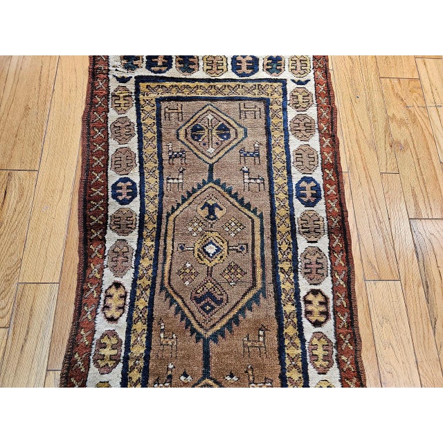 Antique 19th C. Persian Kurdish Tribal Runner Rug, Hand-Knotted Wool, Geometric Pattern, 3x10, Camelhair & Ivory For Sale - Image 9 of 15
