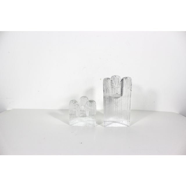 1980s Pair of Kosta Boda Sweden “Skyline” Fluted Triangular Art Glass Crystal Candleholders Designed by Anna Ehrner For Sale - Image 5 of 11