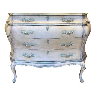 French Louis XV Style Pink Blush & Silver Gilt Serpentine Bombay Chest / Commode For Sale