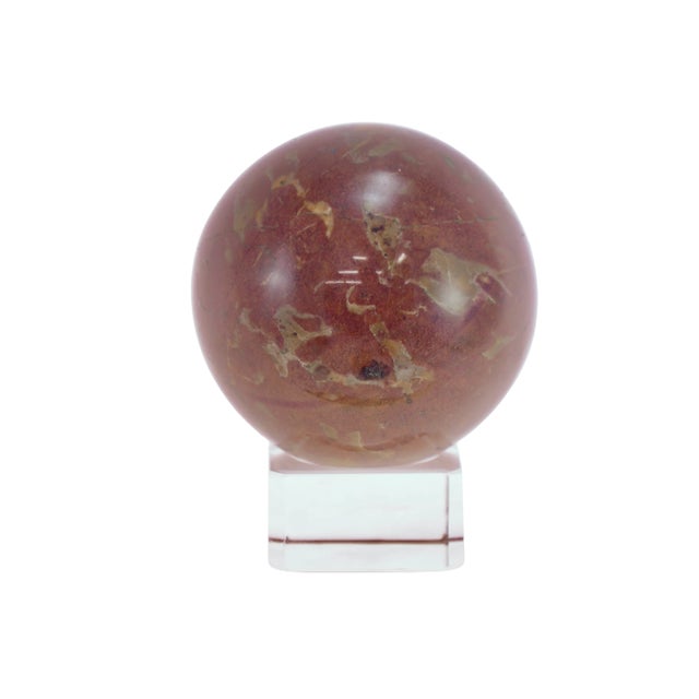 Natural Jasper red agate stone marble quartz 2.75” ball in tones of red, burnt Sienna, avocado and butterscotch on a...