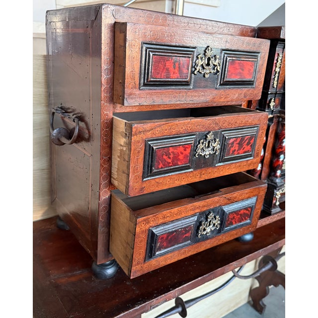 Early 19th Century Spanish Walnut Bargueño Cabinet on Stand With Iron Stretcher For Sale - Image 13 of 17