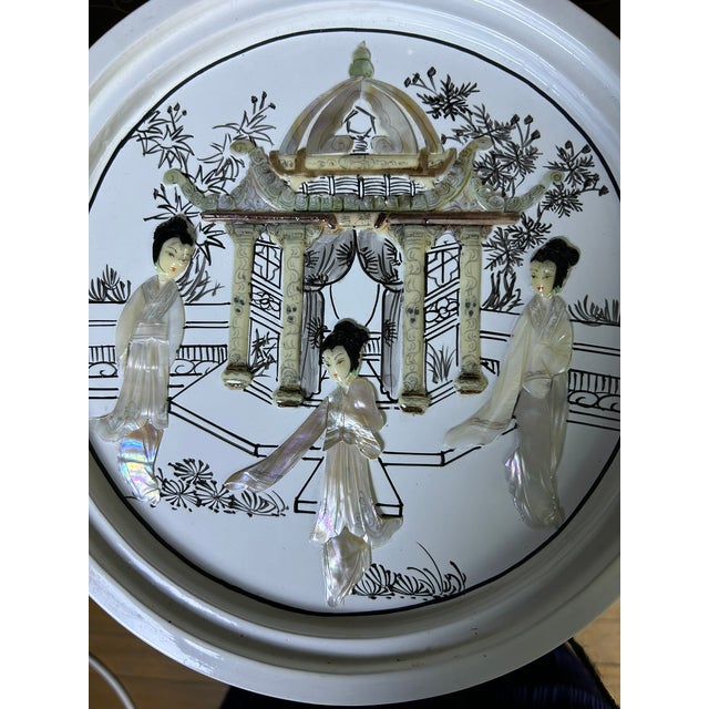 1980s Chinoiserie Mother-of-Pearl Inlaid Tall Stool or Side Table With Glass Top, 25" For Sale - Image 12 of 17