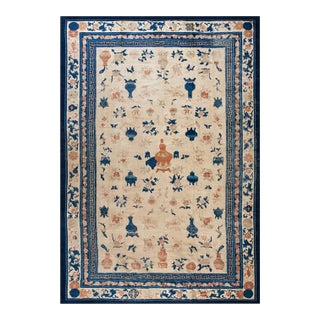 Delightful Ivory and Blue Color With Unique Chinoiserie Design Antique Chinese Ningxia Rug For Sale