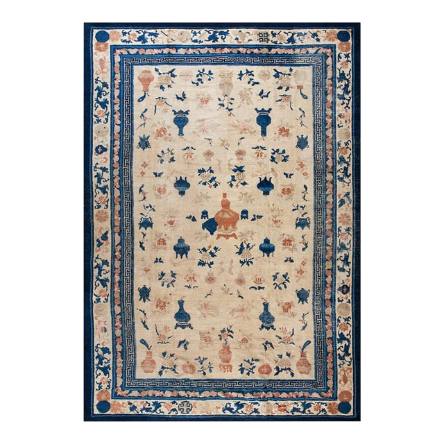 Delightful Ivory and Blue Color With Unique Chinoiserie Design Antique Chinese Ningxia Rug For Sale