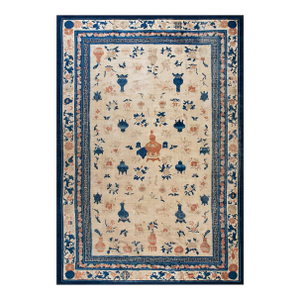 Delightful Ivory and Blue Color With Unique Chinoiserie Design Antique Chinese Ningxia Rug