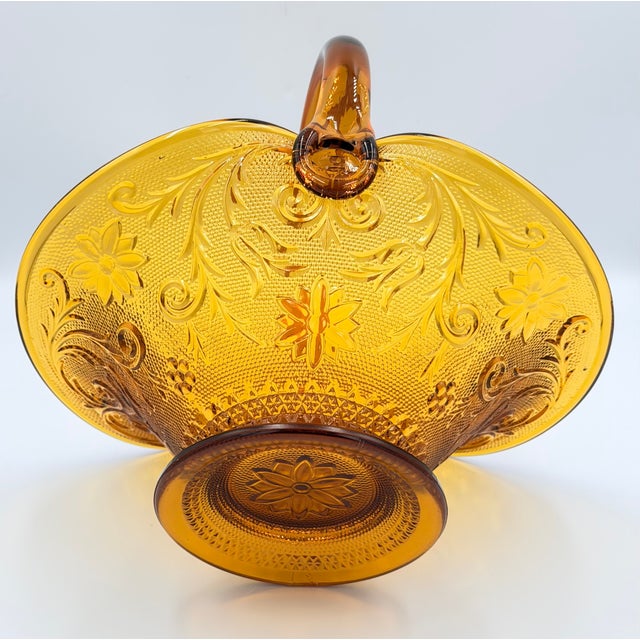 Brockway Indiana Glass Large Tiara Amber Sandwich Handled Basket Signed j.t. For Sale In Palm Springs - Image 6 of 10