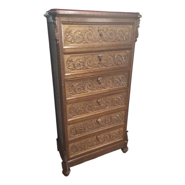 Antique Italian Chest of Drawers in Carved Nutwood with Velvet Top, 1890s For Sale