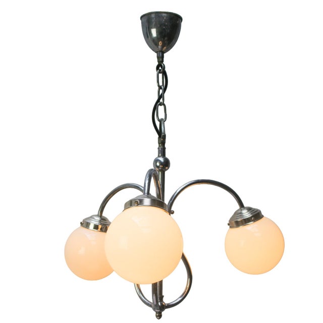 French Art Deco Nickel-Plated 3-Arm Chandelier with White Opaline Glass Globes For Sale - Image 3 of 10