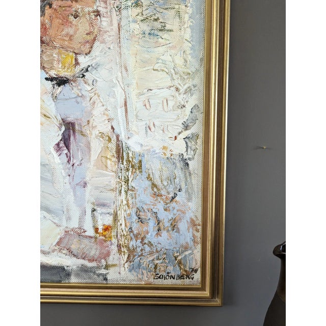 1976 Mid-Century Modern "At Your Service" Vintage Figurative Oil Painting, Framed For Sale - Image 9 of 12