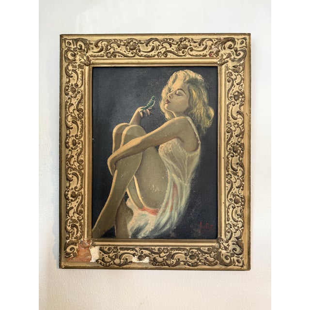 MCM Oil Painting, Beauty W Bird, 17.5x21 W Frame For Sale - Image 4 of 5