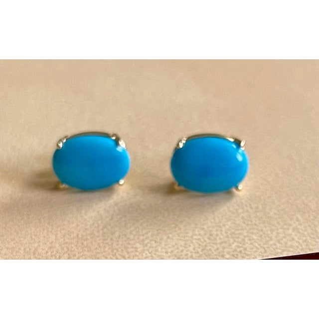 10 Ct Oval Natural Sleeping Beauty Turquoise Stud Earrings 14 K Yellow Gold For Sale - Image 17 of 18