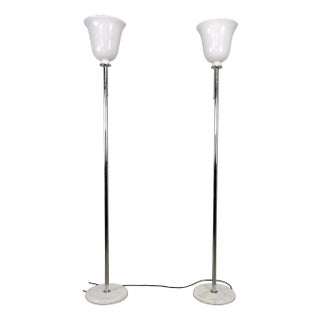 Vintage Chromed-Plated Floor Lamps with Marble Bases and White Glass Diffusers in the style of Venini, 1970s, Set of 2 For Sale