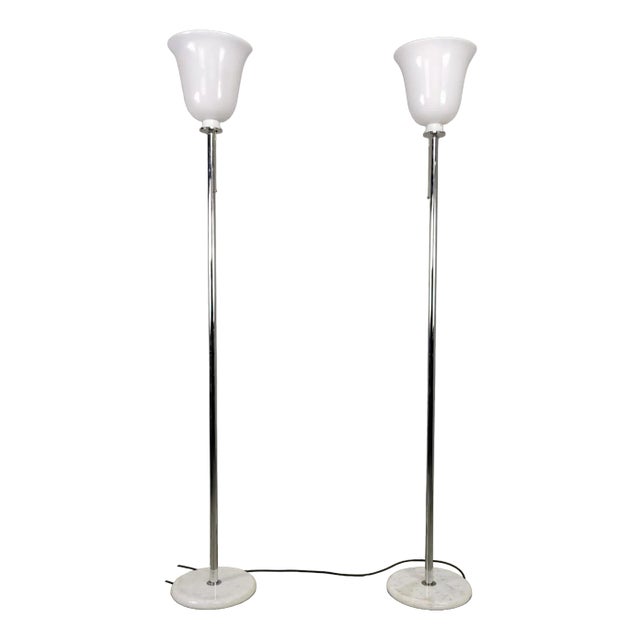 Vintage Chromed-Plated Floor Lamps with Marble Bases and White Glass Diffusers in the style of Venini, 1970s, Set of 2 For Sale