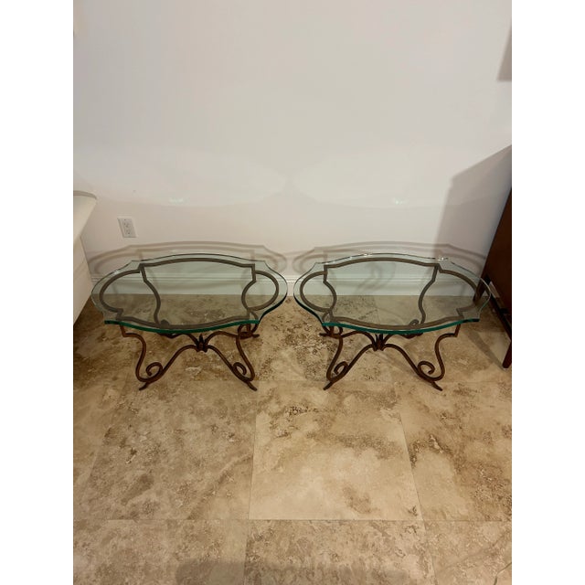 Sienna Italian Curly Gilt Iron and Thick Notched Glass Hollywood Regency Side Tables a Pair For Sale - Image 8 of 9