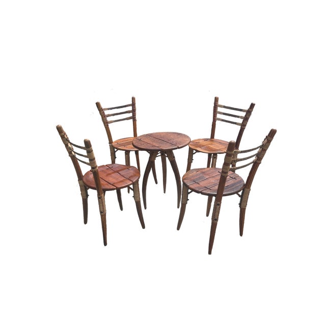 1990s Pacific Green Sculptural Leather Cord Chairs, With Side Table Set of 5 For Sale In Los Angeles - Image 6 of 9