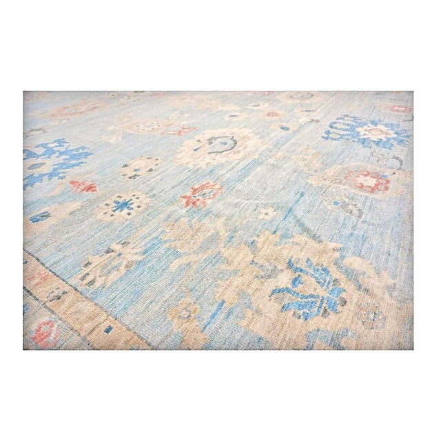 21st Century Turkish Sultanabad Wool 15x19 Light Blue & Ivory Handmade Oversized Area Rug #1144185 For Sale - Image 9 of 10