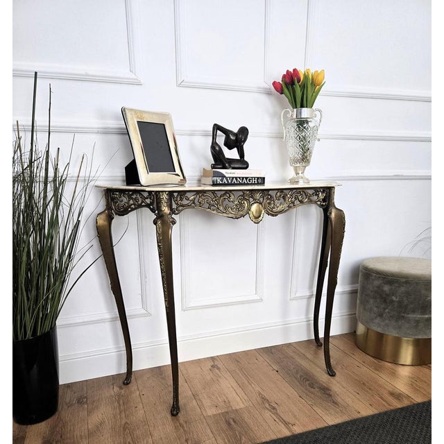 Mid-Century Modern Mid-Century Modern Italian Brass Demilune Console Table with Marble Top, 1950s For Sale - Image 3 of 10