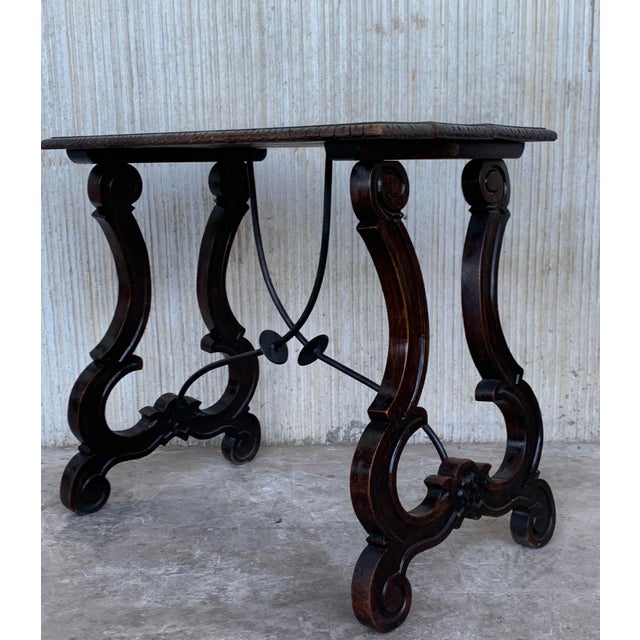 19th Century Spanish Side Table With Hand Carved Lyre Leg and Iron Stretcher For Sale - Image 4 of 9