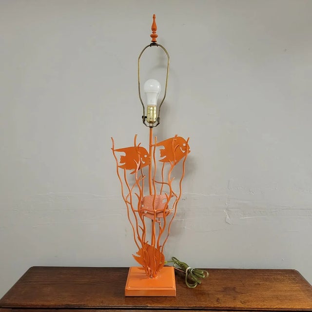 Fun and unique vintage metal lamp with fish swimming through seaweed. It is probably a one-of-a-kind lamp that was spray...