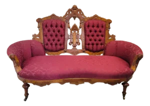 19th-Century Renaissance Revival Carved Walnut Loveseat With Tufted Damask Upholstery