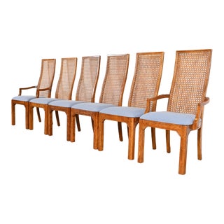 Thomasville Mid-Century Modern Oak and Cane High Back Dining Chairs, Set of Six For Sale