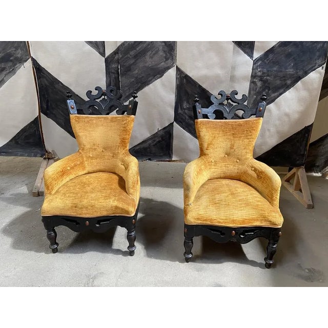 Set of 19th Century Anglo-Indian Armchairs in Ebonized Wood with Original Moire Velvet, 1890s For Sale - Image 3 of 13