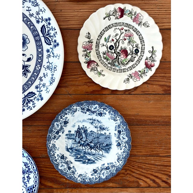 Johnson Brothers Mid 20th Century Blue and White Wall Plate Grouping / Collection - Set of 9 For Sale - Image 4 of 12