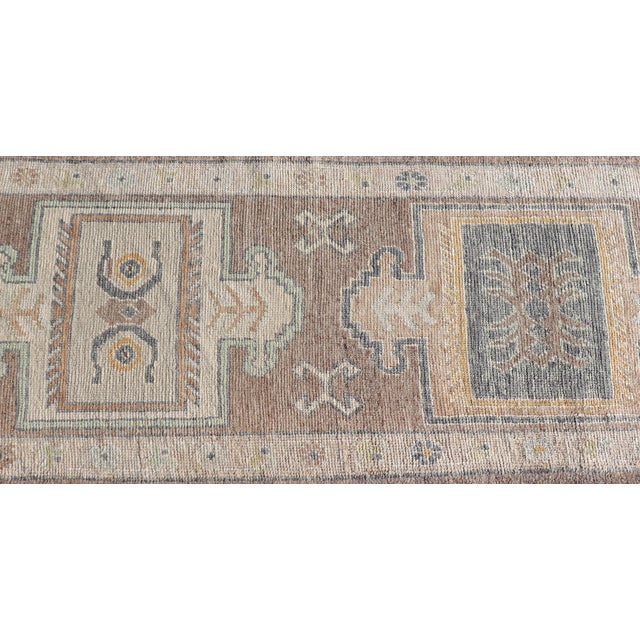 Long Turkish Oushak Runner in Pale Taupe With Blue and Soft Green Motifs For Sale - Image 11 of 12