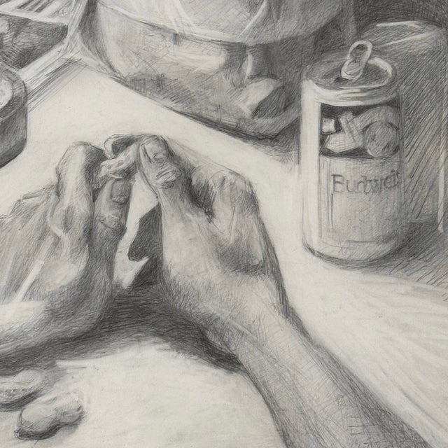 Vintage Realist Artist Pov Still Life With Beer, Cigarette, and Peanuts, Signed (1987, Graphite on Paper) For Sale - Image 4 of 8