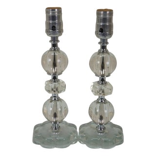 Mid 20th Century Hollywood Regency Stacked Crystal Prism Vanity Boudoir Lamps 11" For Sale